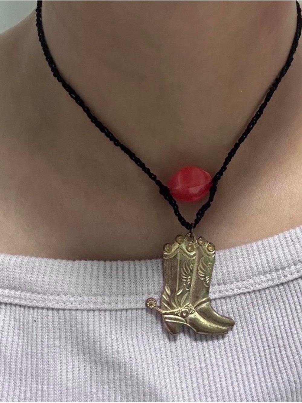 Handmade Gold Cowboy Boot Pendant Necklace in Black and Red